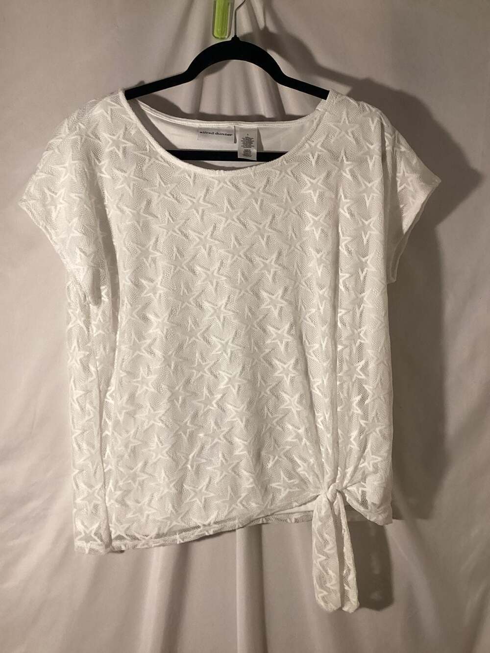 Alfred Dunner White Star Pattern Mesh Tie-Front Top